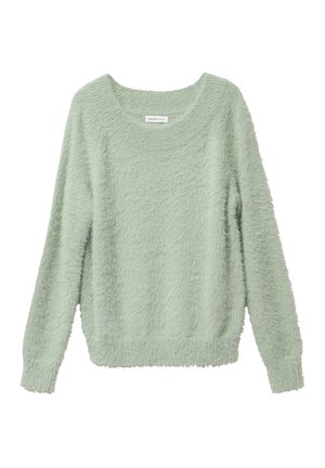 Lichtgroene donzige trui met een losse fit, ronde halslijn en lange mouwen. Zachte textuur met ribgebreide manchetten en zoom. Casual ontwerp.