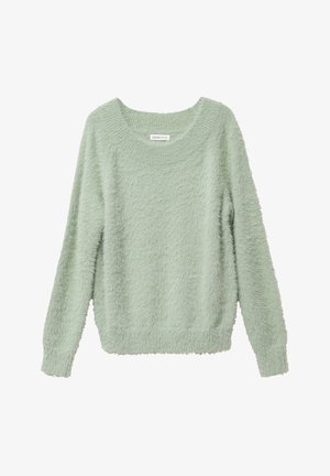 Lichtgroene donzige trui met een losse fit, ronde halslijn en lange mouwen. Zachte textuur met ribgebreide manchetten en zoom. Casual ontwerp.