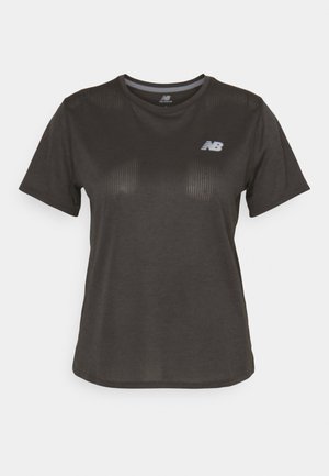 Black athletic t-shirt with short sleeves, made from lightweight fabric. Features a subtle textured pattern and a small white logo on the chest.