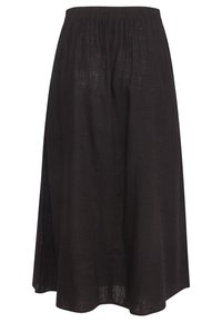 Black, knee-length skirt made of lightweight fabric. Elastic waistband and flowing design with a relaxed fit. No visible fasteners or patterns.