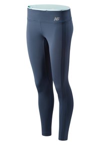 Navy athletic leggings with a high waistband, smooth texture, side seams, and a silver brand logo at the waistband.