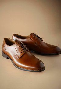 Zapatos de vestir de cuero marrón con un acabado suave, punta redondeada y diseño con cordones. Costuras mínimas y detalle de suela negra elegante.