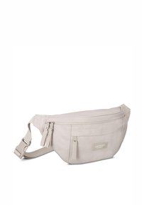 Marsupio grigio chiaro realizzato in materiale resistente. Dotato di un compartimento principale con zip, due tasche anteriori con zip e una tracolla regolabile.