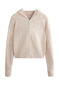 Krátká mikina s kapucí v světle béžovém úpletu s copánkovým vzorem, vybavená předním zipem a žebrovanými lemy na rukávech a spodní části. Měkká textura.