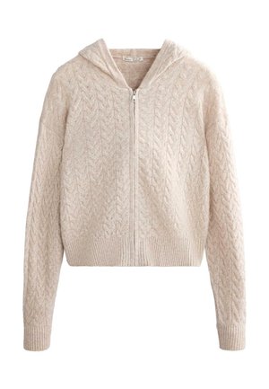 Krátka mikina s kapucňou v svetlo béžovej pletenine s vrkočovým vzorom, vybavená predným zipsom a rebrovanými manžetami a lemom. Mäkká textúra.