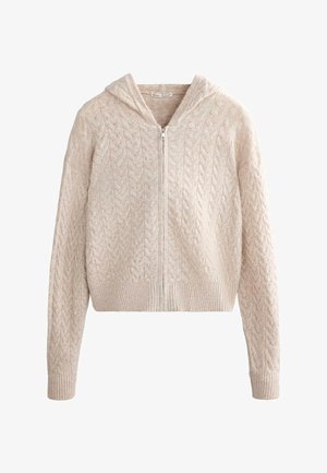 Pokrajšen pulover s kapuco v svetlo bež pletenini s kabelskim vzorcem, z zadrgo spredaj ter rebrastim manšetami in pasom. Mehka tekstura.