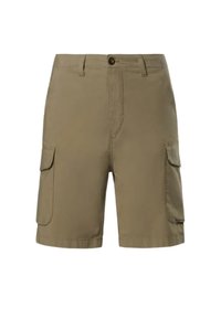 Pantaloni cargo color khaki con due tasche laterali, chiusura con bottone e design dritto. Il tessuto sembra leggero e liscio.