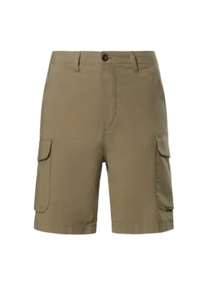 Pantaloni cargo color khaki con due tasche laterali, chiusura con bottone e design dritto. Il tessuto sembra leggero e liscio.