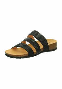 Zwarte slippers met drie brede banden met een textuurpatroon, een kurken voetbed en een lage, gestructureerde buitenzool.