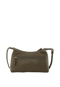 Olivenfarbene Kunstledertasche mit einem Reißverschluss-Hauptfach und einer Vorderasche, die ein geschwungenes Design und einen verstellbaren Tragegurt aufweist.