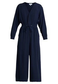 Monosono azul marino de manga larga con escote en V, cinturilla elástica con lazo y pantalones de pierna ancha.