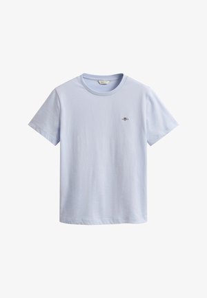 T-shirt in cotone azzurro chiaro a maniche corte con scollo rotondo e piccolo logo ricamato sul petto a sinistra.