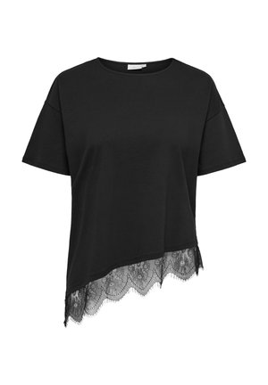T-shirt noir à manches courtes avec col rond et ourlet asymétrique orné d'une bordure en dentelle florale noire sur le bord inférieur.