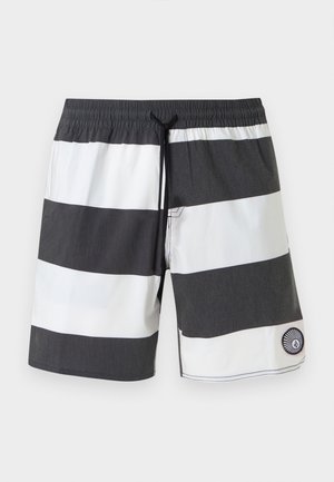 Heren zwemshorts met brede horizontale zwart-witte strepen en een zwarte elastische tailleband met trekkoord.
