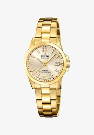 Montre en acier inoxydable doré avec un cadran rond, un cadran texturé argent-beige, des chiffres arabes à 12 et 6 heures, affichage de la date, mouvement à quartz, résistance de 10 bars.
