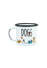 Weißer Emaillebecher mit schwarzem Rand, der cartoonhafte Hunde darstellt, die spielen, und dem Wort "HUNDE" über einer Hundehütten-Illustration.