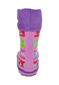 Kinder-Regenstiefel in Lila mit bunten Herz- und Sternmustern sowie einem Stoffbündchen oben, von hinten gesehen.