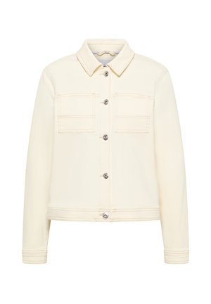 Crème-kleurig jasje met knopen, twee borstzakken, lange mouwen, een kraag en zichtbare stikdetails.