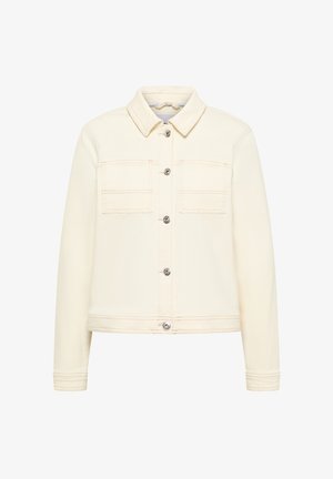 Hellcremefarbene Jacke mit Knöpfen, zwei Brusttaschen, langen Ärmeln, Kragen und sichtbaren Nahtdetails.