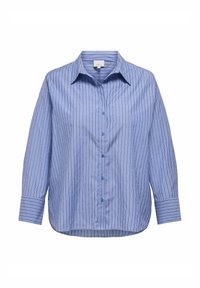 Lichtblauw overhemd van katoen met verticale strepen, lange mouwen en een klassieke kraag; voorzien van lichtblauwe knopen.