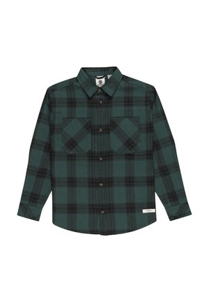 Camicia flanella a quadretti verde e nera con maniche lunghe, due tasche sul petto e chiusura con bottoni in legno. Tessuto morbido e design classico.