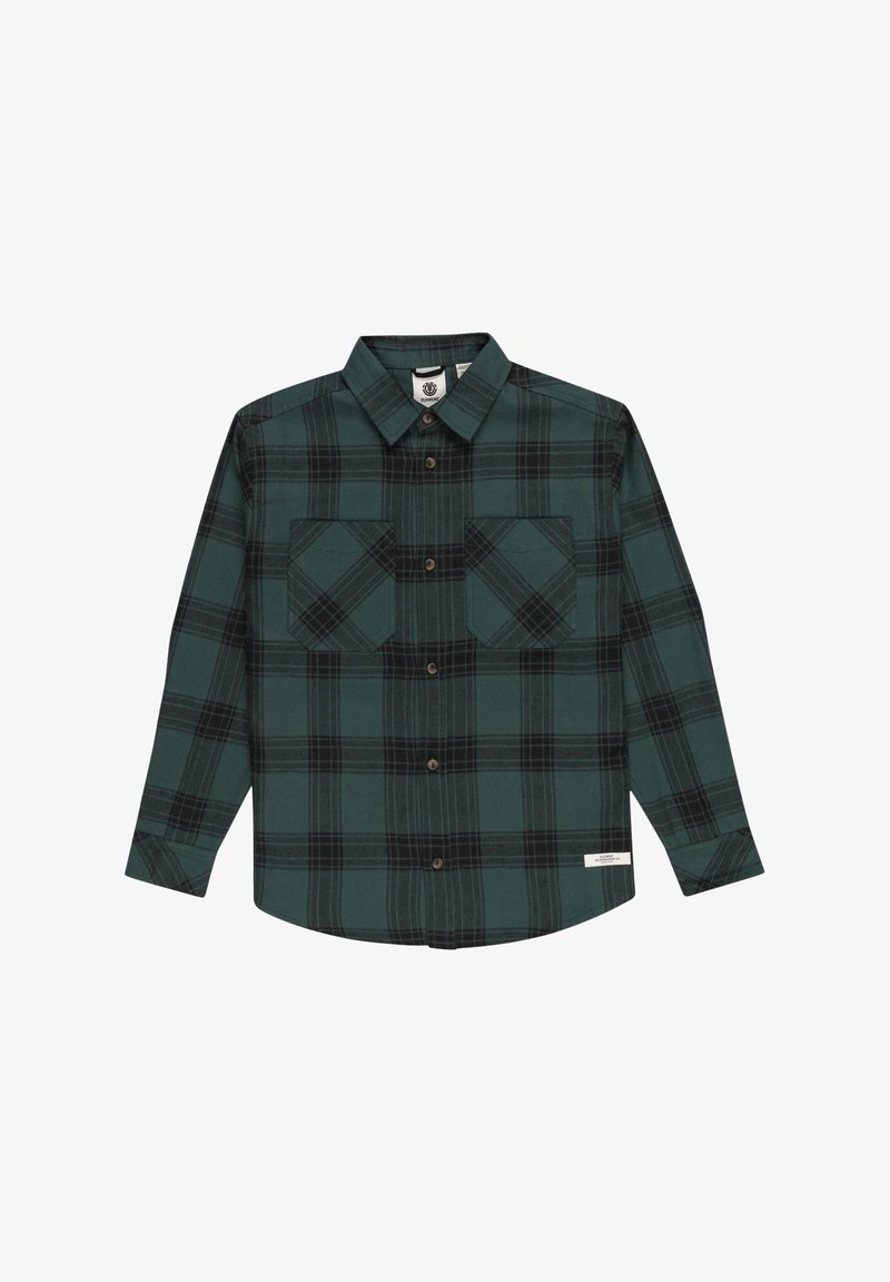 Grün-schwarz kariertes Flanellhemd mit langen Ärmeln, zwei Brusttaschen und Holzknopfverschluss. Weicher Stoff und klassisches Design.