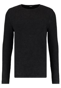 Maglione nero a maniche lunghe con un design a maglia testurizzata, scollatura rotonda e polsi a coste. Finitura liscia senza modelli o loghi visibili.