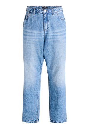 Jean en denim bleu clair avec une coupe droite, taille haute et texture délavée. Doté de cinq poches et de détails de couture visibles.