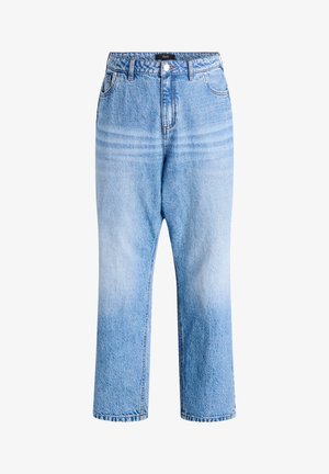 Ljusblå denimjeans med rak benpassform, hög midja och blekt yta. Har fem fickor och synliga sömnadsdetaljer.