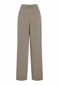 Pantalon large taille haute couleur taupe avec passants pour ceinture et deux poches passepoilées horizontales à l'arrière.
