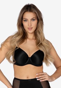 Czarny stanik z drutem, z gładkimi, wyściełanymi miseczkami; charakteryzuje się zapięciem na haczyk z przodu oraz eleganckim, minimalistycznym designem.