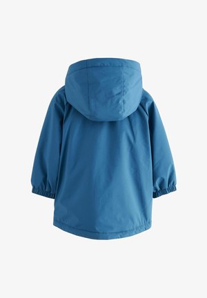 Veekindel sinine jakk kapuutsiga, elastsete mansettidega ja vabalt istuva lõikega. Sile kangas mati viimistlusega, nähtavate riistade või mustriteta.