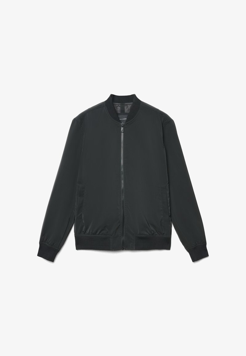 Schwarze Bomberjacke aus glattem Stoff mit durchgehendem Reißverschluss, gerippten Bündchen, Seitentaschen und rundem Halsausschnitt.