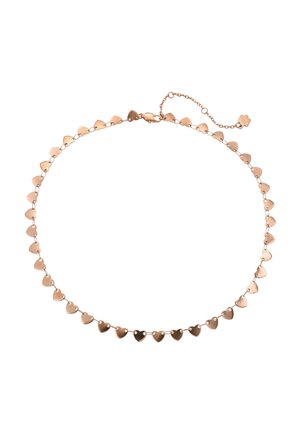 Rose gold chain necklace with small linked heart-shaped charms and a lobster clasp closure with an extension chain.