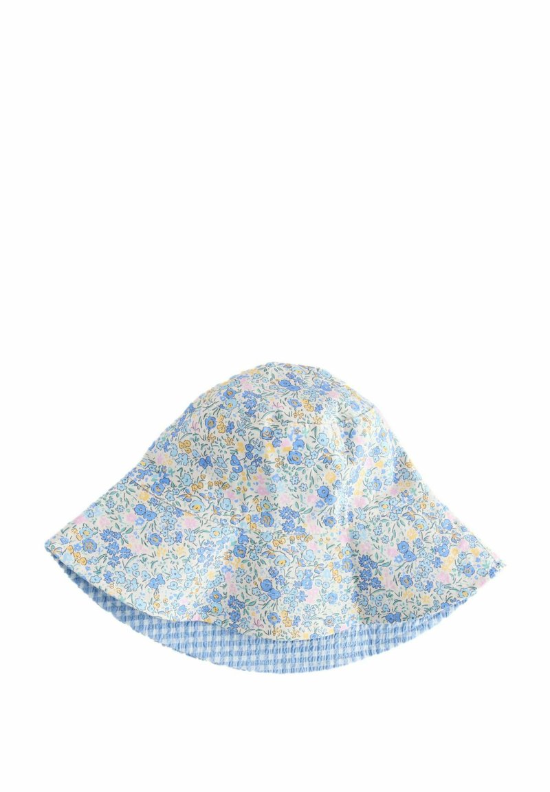 Kwiatowy kapelusz typu bucket w niebiesko-żółtym wzorze, z szerokim brzegiem i zebranym niebieskim spodem w kratkę. Lekka tkanina.