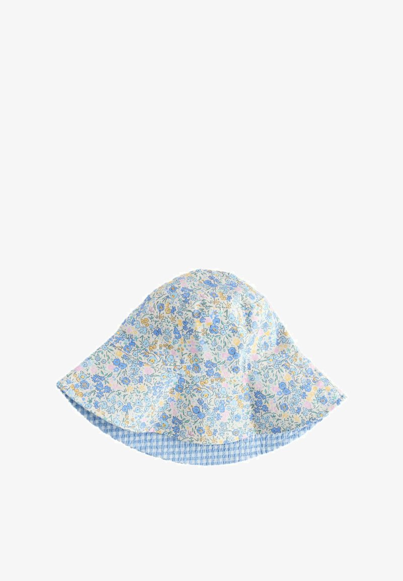 Virágmintás bucket kalap kék és sárga mintával, széles karimával és kék kockás bélésével. Könnyű anyag.