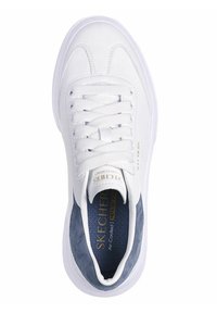 Baskets blanches avec une tige en cuir lisse, un laçage en tissu, et une semelle intérieure rembourrée gris-bleu portant la marque "SKECHERS".