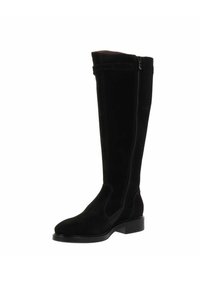 Schwarze Wildlederstiefel bis zur Kniefalte mit einem eleganten Design, ausgestattet mit einem seitlichen Reißverschluss und einem niedrigen Blockabsatz für Stabilität und Unterstützung.