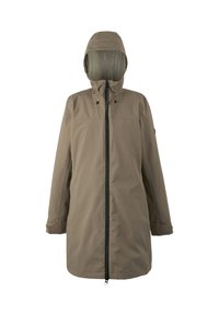 Lang beige hættejakke med lynlås foran, justerbare hættestropper og lange manchettelignende ærmer, designet til vejrbeskyttelse.