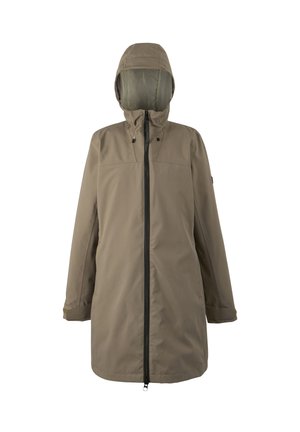 Lange beige regenjas met capuchon, voorzien van een ritssluiting aan de voorkant, verstelbare koorden in de capuchon en lange mouwen met manchetten, ontworpen voor bescherming tegen het weer.