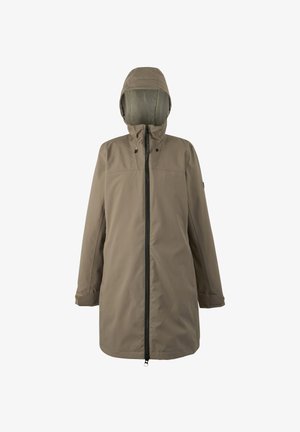 Lange beige regenjas met capuchon, voorzien van een ritssluiting aan de voorkant, verstelbare koorden in de capuchon en lange mouwen met manchetten, ontworpen voor bescherming tegen het weer.