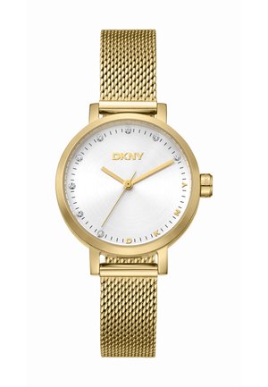 Montre avec bracelet en maille dorée, cadran rond argenté, index d'heure dorés et six accents en cristal. Équipée d'une couronne latérale pour les réglages.