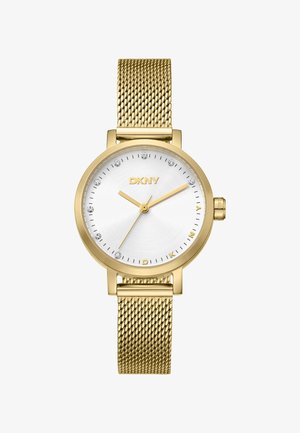 Gold mesh strap watch with a round silver dial, gold hour markers, and six crystal accents. Features a side crown for adjustments.