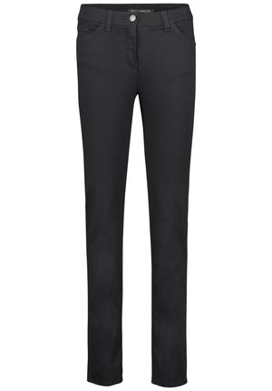 Schwarze Stretch-Jeans mit schmaler Passform und geradem Bein. Mit fünf Taschen und einem Frontknopfverschluss. Glatte Textur und strapazierfähiges Material.