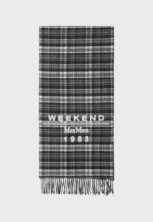 Black and white plaid scarf featuring fringed edges. The words "WEEKEND" and "MaxMara 1983" are embroidered in white.
