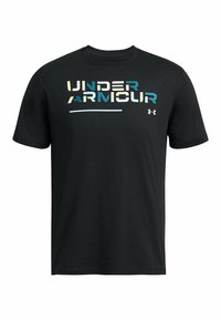 Černé bavlněné tričko s logem "Under Armour" v vícebarevných blokových písmenech a s horizontální modrou čarou pod textem.