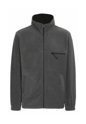 Veste en polaire gris foncé avec un col haut, zip complet à l'avant, deux poches latérales et une poche poitrine zippée. Texture douce.