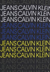 Tela negra con texto repetido: "JEANS CALVIN KLEIN," en diferentes colores de blanco, azul y amarillo, con tamaños y estilos de texto variables.