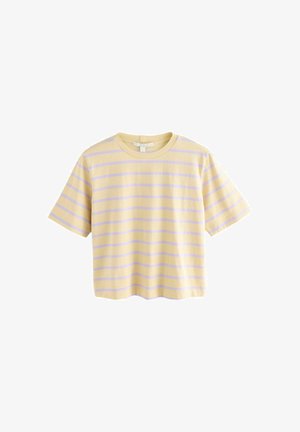 Kurzärmliges, verkürztes T-Shirt in zartem Gelb mit horizontalen Lavendellinien. Hergestellt aus leichtem Stoff mit Rundhalsausschnitt und lockerer Passform.