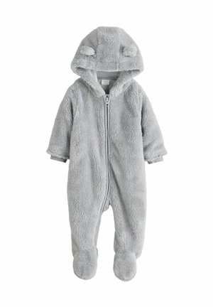 Grenouillère bébé douce grise à capuche avec fermeture éclair devant et petites oreilles en tissu sur la capuche, avec pieds couverts et manches longues.